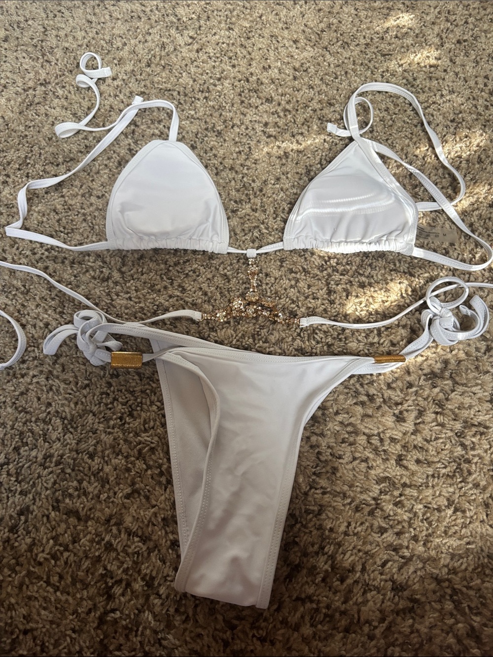 SHEIN White Triangle String Bikini with Gold Accents